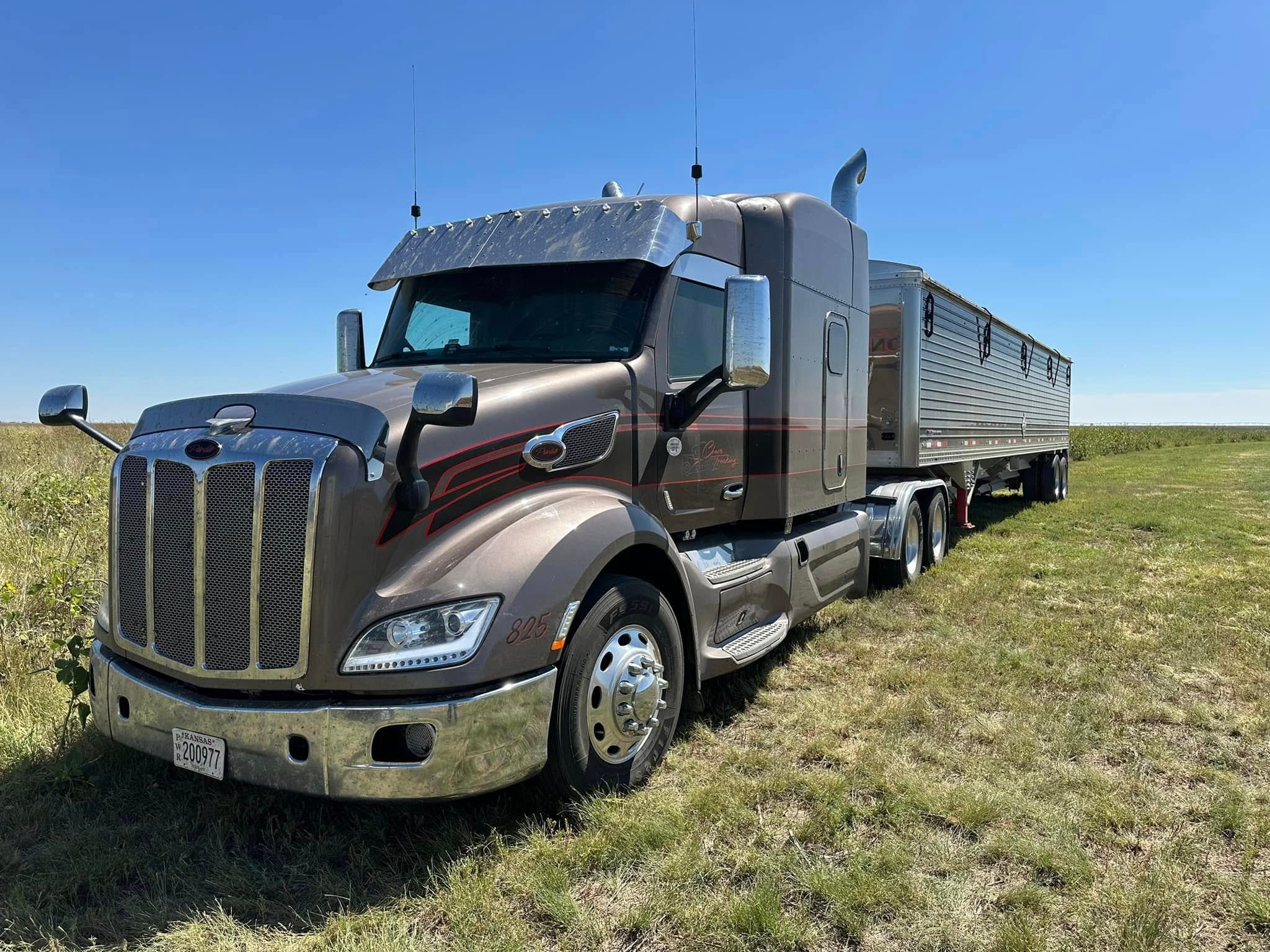 Semi truck with grain trailer parked in a field